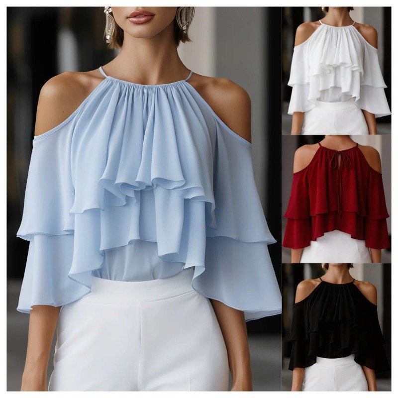 Halter Cold Shoulder Chiffon Multi-Tiered Ruffle Blouse