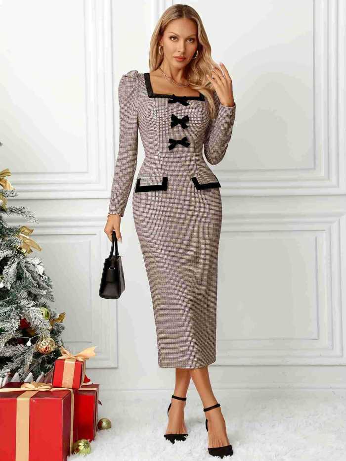 Vintage Plaid Square Neck Long Sleeve Bow Detail Bodycon Midi Dress
