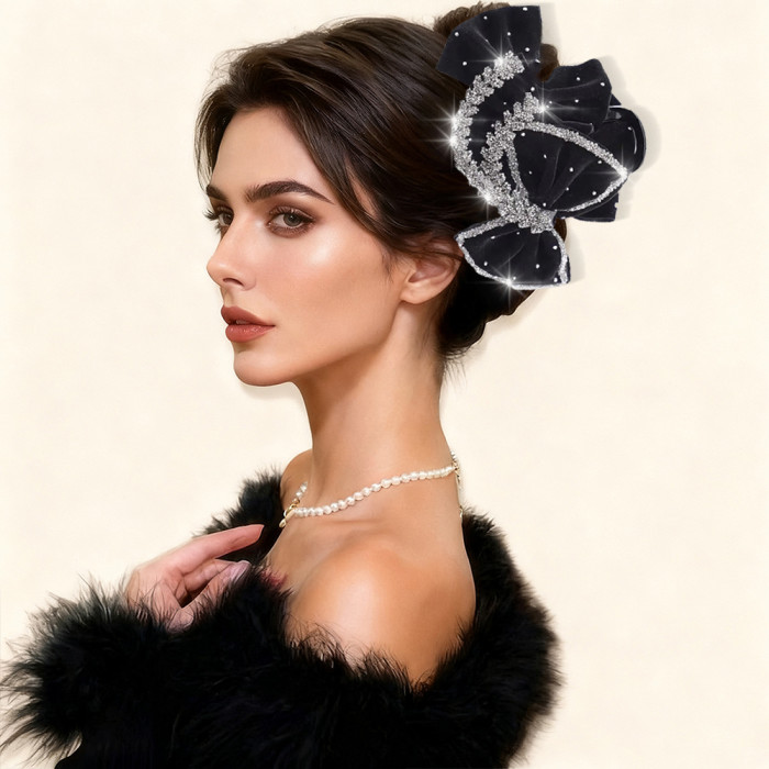 Rhinestone Bow Clip 1pc Autumn\u002FWinter New Shiny Rhinestone Bow Velvet Golden Hair Claw Clip, Large Red Velvet Bow Christmas Headpiece, Elegant Wheat Spike Design, Large Hair Clip for Thick Hair, Big Hair Styling Clip, Suitable for Daily Wear and Christmas Parties