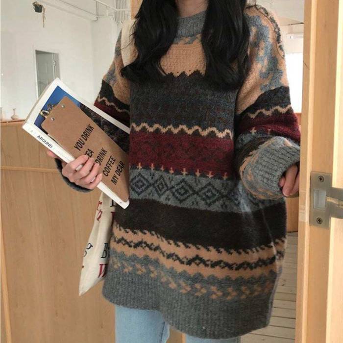 Vintage Winter Striped Loose Pullover Knitted Sweater