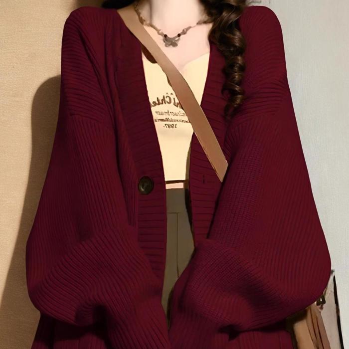 Women V-Neck Loose Knitted Cardigan Sweater Coat