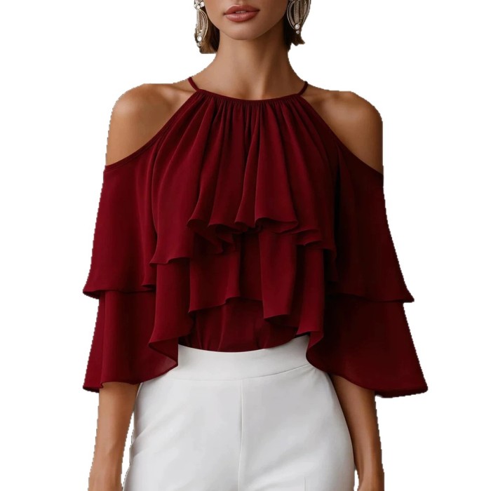 Halter Cold Shoulder Chiffon Multi-Tiered Ruffle Blouse