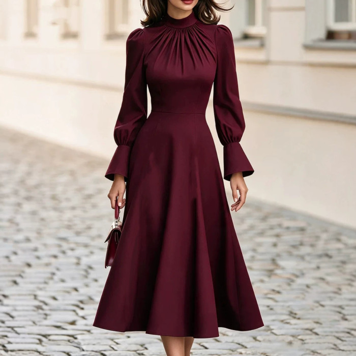 Mock Neck Gathered Pleated High Waist Flare Midi Dress