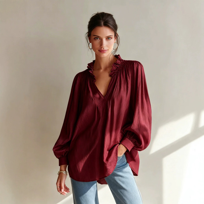 Ruffled V-Neck Long Lantern Sleeve Pleated Bohemian Tunic Blouse