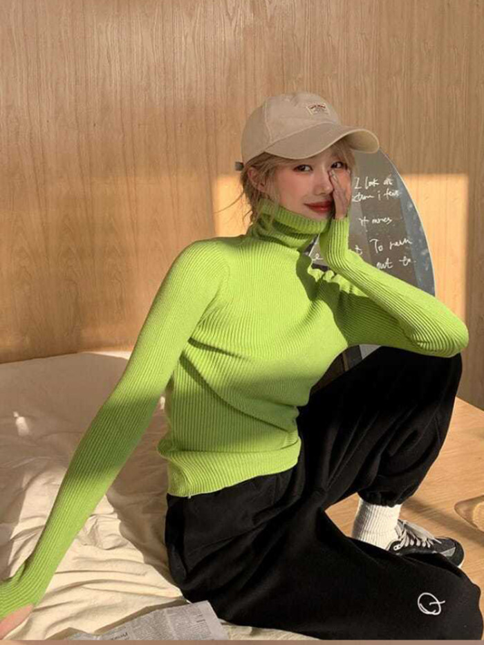 Women Turtleneck Solid Color Slimming Warm Basic Pullover