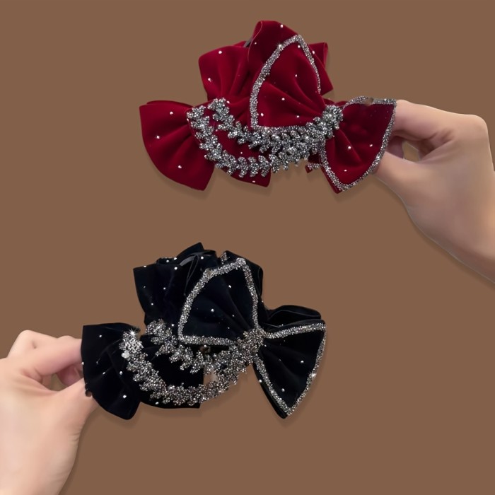 Rhinestone Bow Clip 1pc Autumn\u002FWinter New Shiny Rhinestone Bow Velvet Golden Hair Claw Clip, Large Red Velvet Bow Christmas Headpiece, Elegant Wheat Spike Design, Large Hair Clip for Thick Hair, Big Hair Styling Clip, Suitable for Daily Wear and Christmas Parties