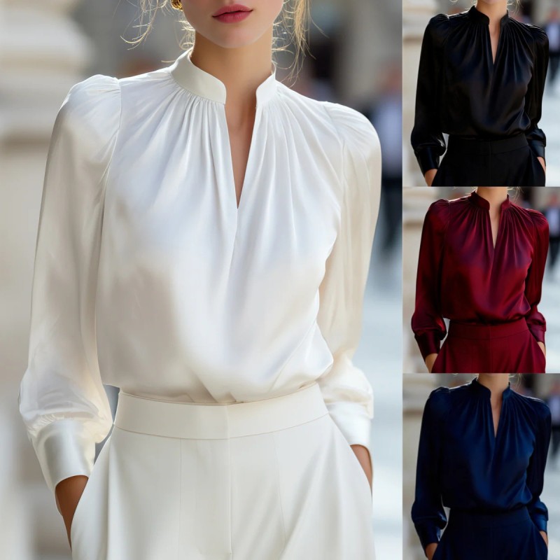 Satin Stand Collar V-Neck Puff Long Sleeve Pleated Office Blouse