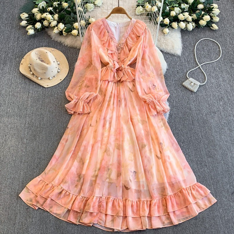 French Printed Long-Sleeve Ruffled Maxi Dress