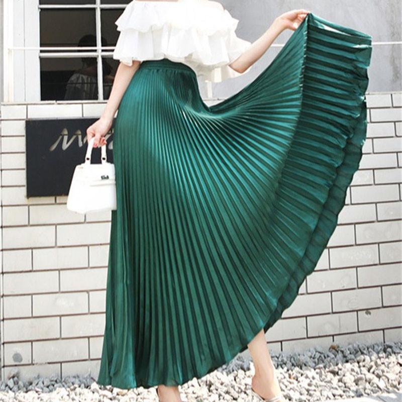 Glossy Satin Pleated Elastic Waist Long Skirt