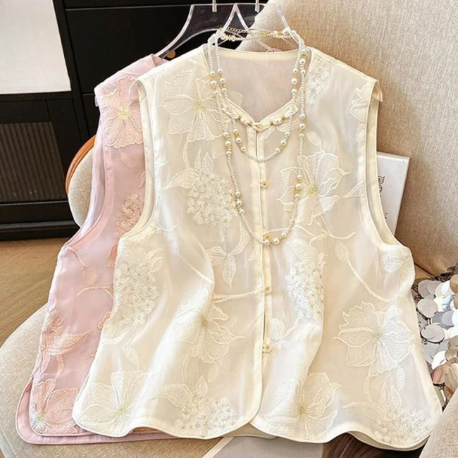 New Chinese Vintage Buckle Embroidered Organza Vest Waistcoat Top