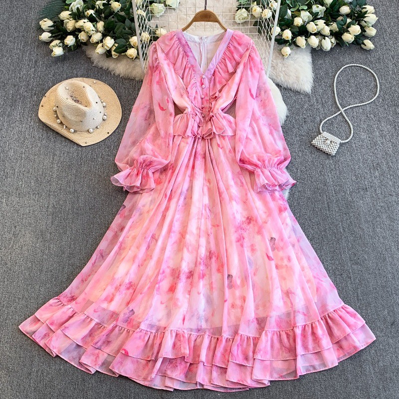 French Printed Long-Sleeve Ruffled Maxi Dress