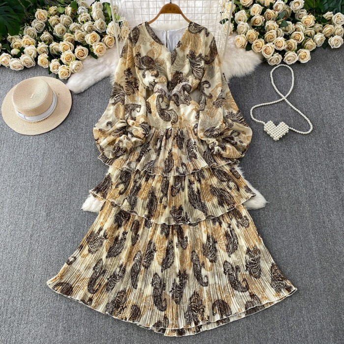 French Printed Chiffon V-Neck Pleated Tiered Ruffle Maxi Dress