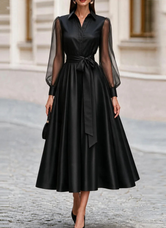 Women Lapel Neck Long Sleeve A Line Dress | Belted Solid Waisted Dress for Spring Office & Party