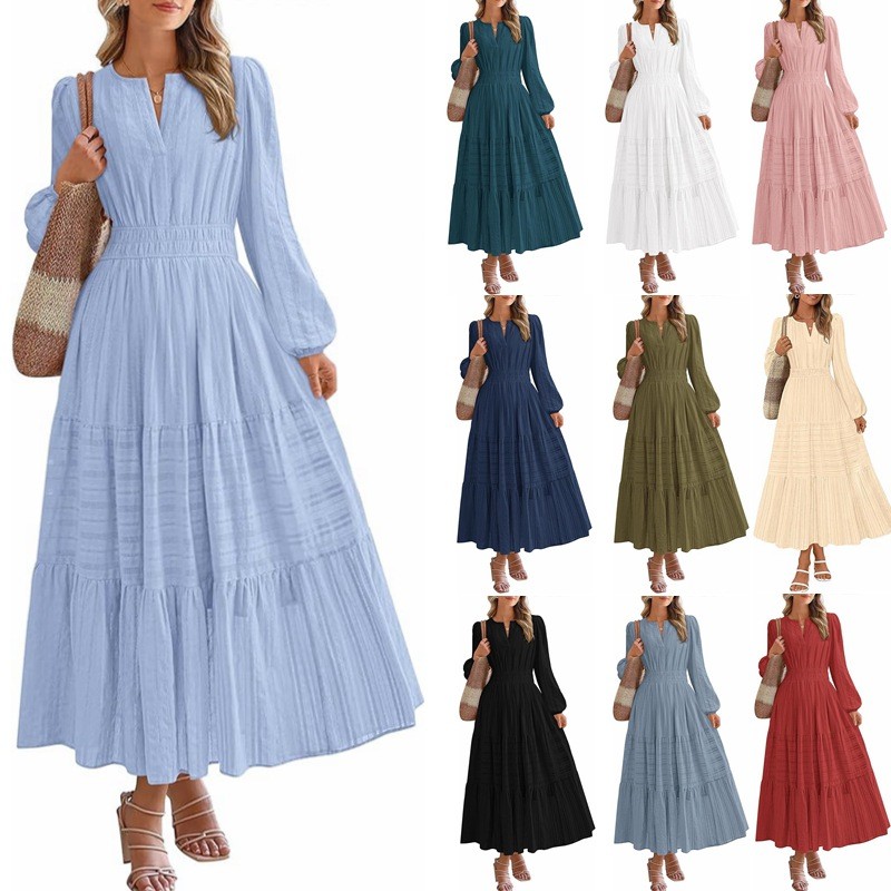 Elegant Princess Dress for Women | V-Neck Long Sleeve Solid Color Slim Fit Dress