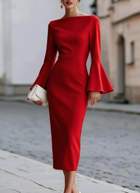 Women Boat Neck Midi Sheath Dress | Flare Long Sleeve Bodycon Pencil Dress for Office & Party Evening