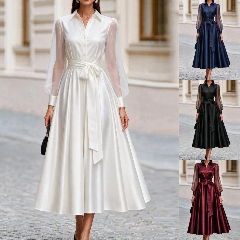 Women Lapel Neck Long Sleeve A Line Dress | Belted Solid Waisted Dress for Spring Office & Party