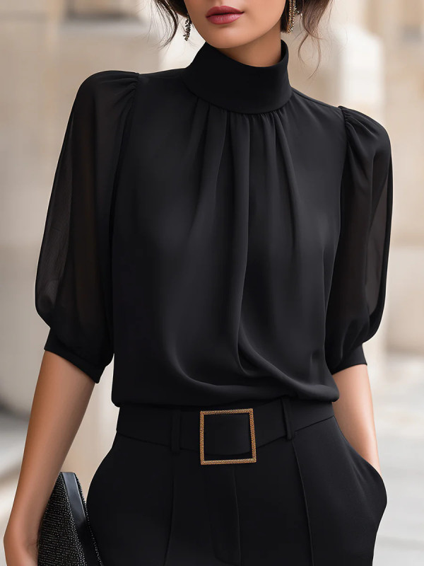 High Neck Puff Half Sleeve Chiffon Blouse | Pleated Front Elegant Loose Office Work Shirt for Women