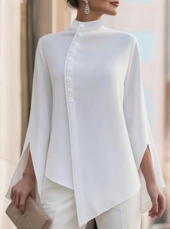 Ladies Stand Collar Diagonal Button Blouse Split Flare Long Sleeve Asymmetrical Office Shirt
