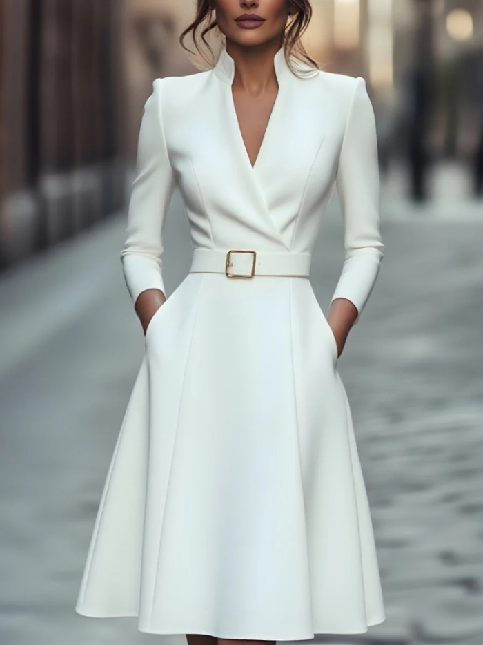 Women's V-Neck Long Sleeve A-Line Midi Dress | Waist Slim Belted Dress for Autumn Winter Commute