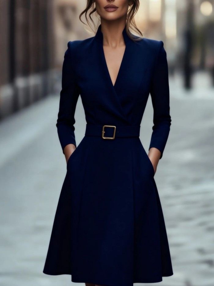 Women's V-Neck Long Sleeve A-Line Midi Dress | Waist Slim Belted Dress for Autumn Winter Commute