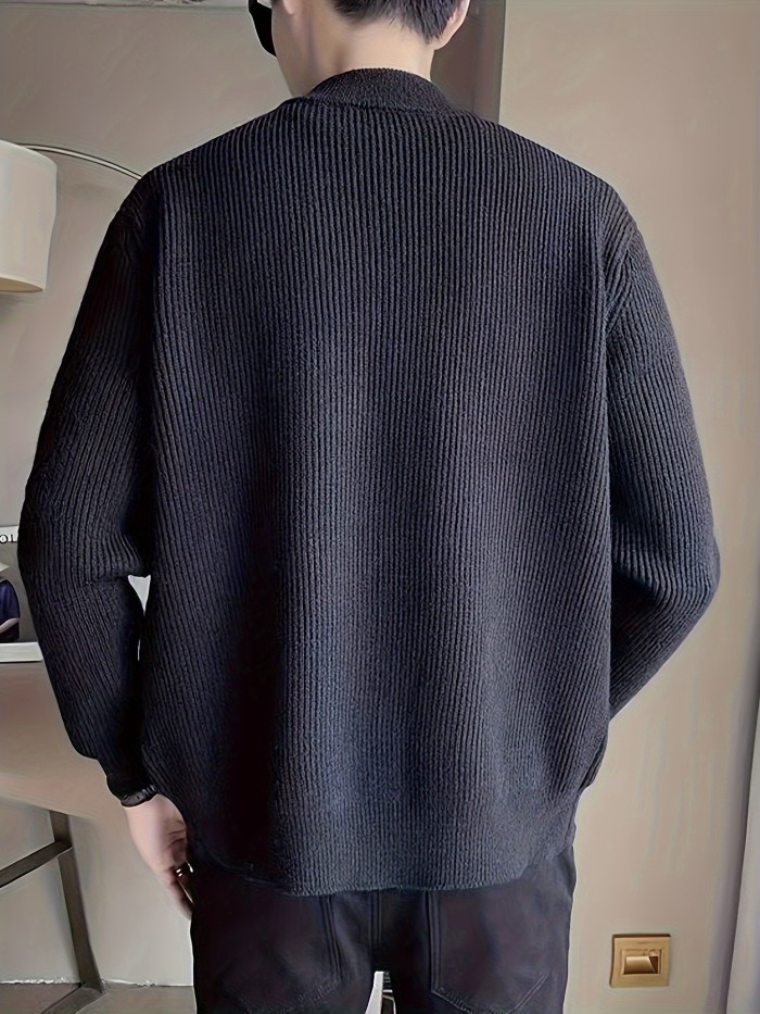 Men's Warm Solid Color Knit Cardigan | Stand Collar Long Sleeve Sweater for Autumn Winter