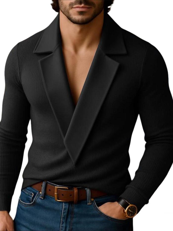 Men's Knitted Lapel Long Sleeve Loose Thin Street Hippy Leisure Pullover Casual Tee Tops T-Shirt