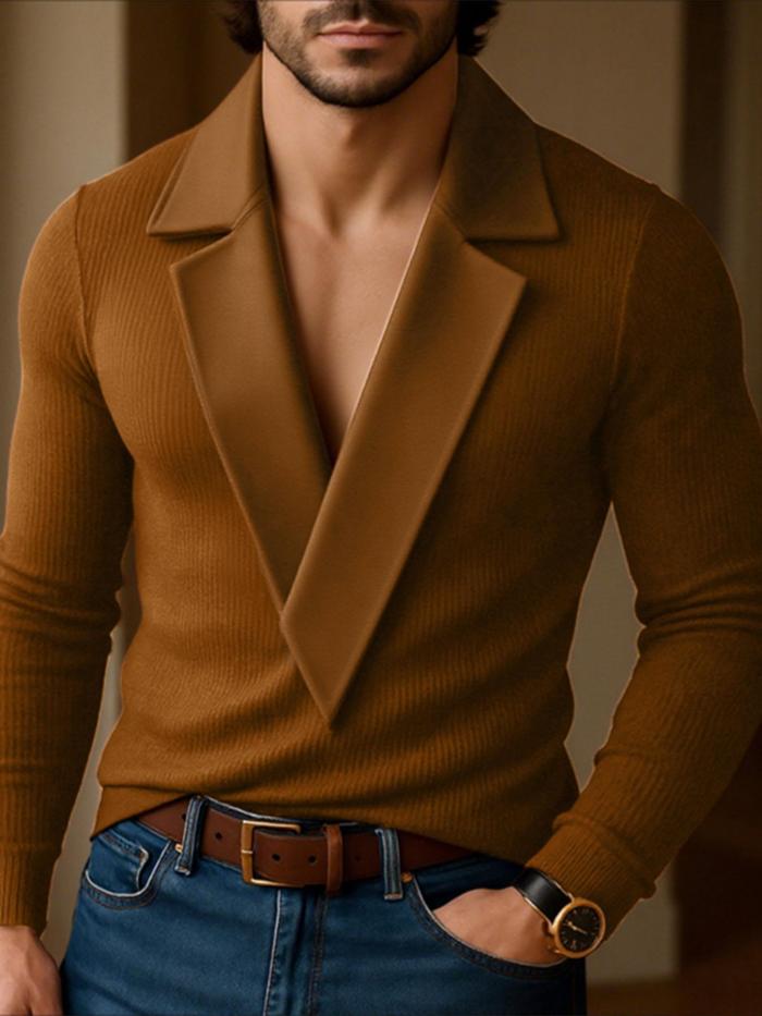 Men's Knitted Lapel Long Sleeve Loose Thin Street Hippy Leisure Pullover Casual Tee Tops T-Shirt