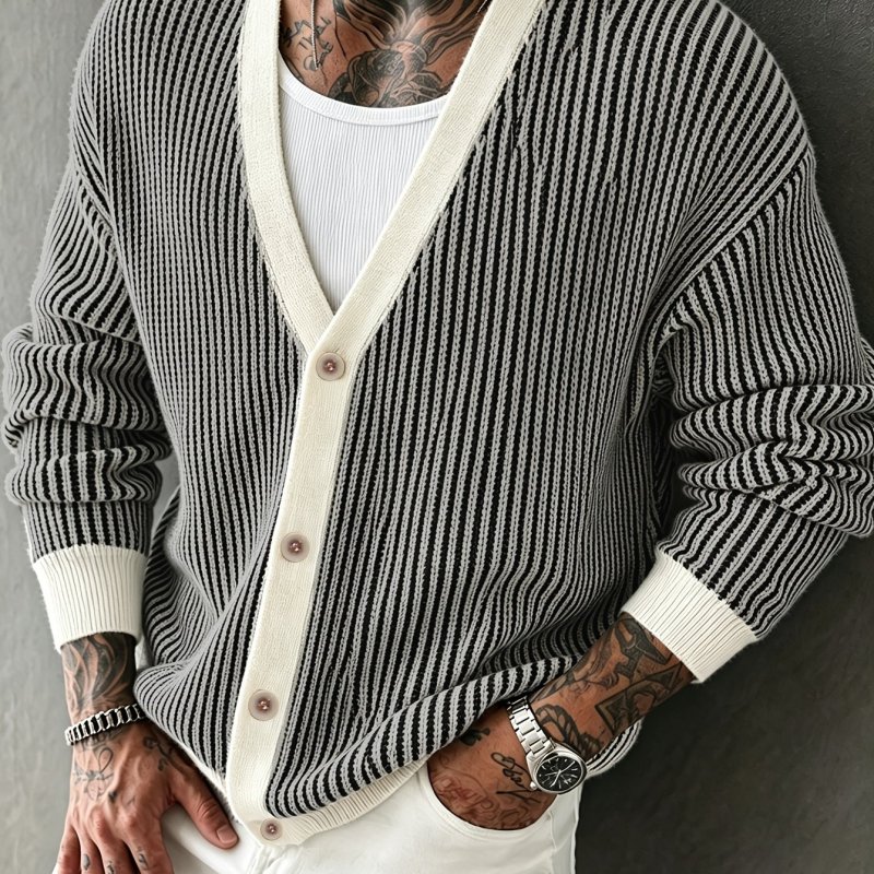 New Autumn Winter Men's Color-Block V-Neck Cardigan | Soft Textured Casual Outerwear for Home & Office