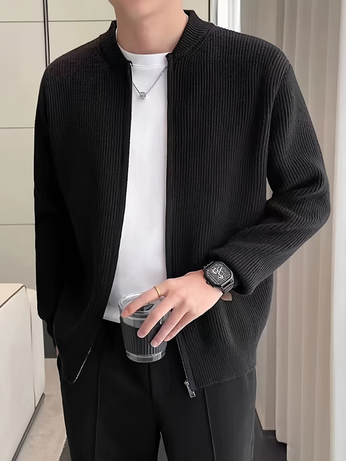 Men's Warm Solid Color Knit Cardigan | Stand Collar Long Sleeve Sweater for Autumn Winter