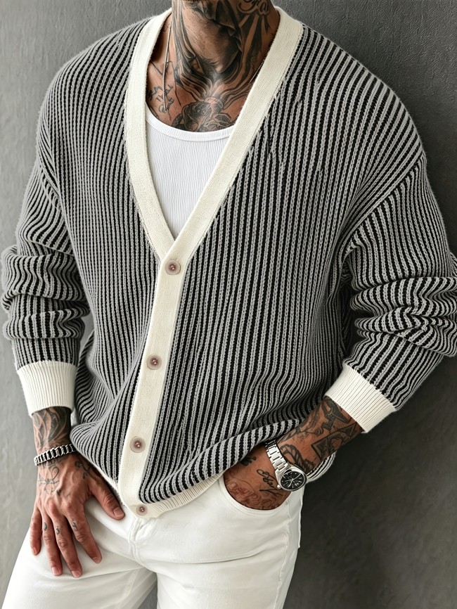 New Autumn Winter Men's Color-Block V-Neck Cardigan | Soft Textured Casual Outerwear for Home & Office
