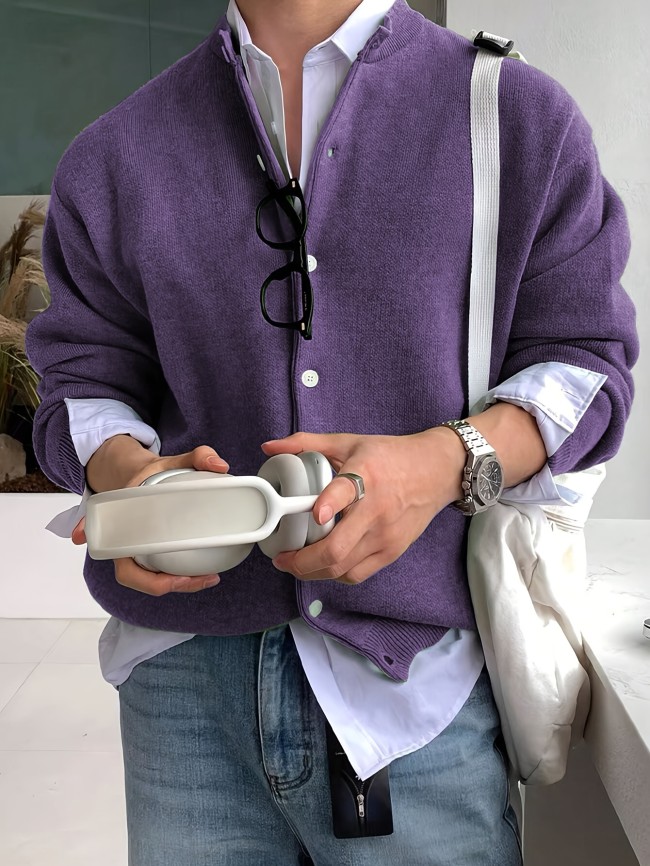 Solid Color Knit Cardigan Jacket for Men | Autumn Winter High-End Loose Fit Korean Style Sweater Coat