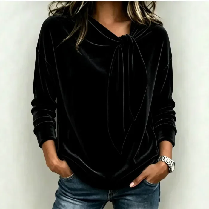 Velvet Bow Detail Casual Sweatshirt For Autumn & Daily Wear