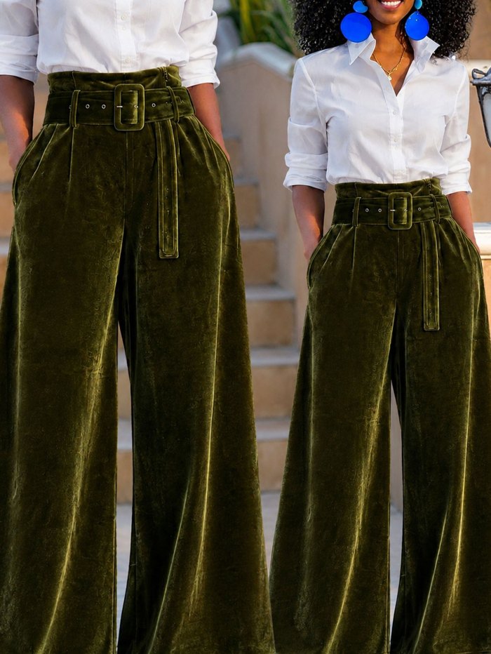 Velvet Wide Leg Pants | High Waist Belted Elegant Party Trousers