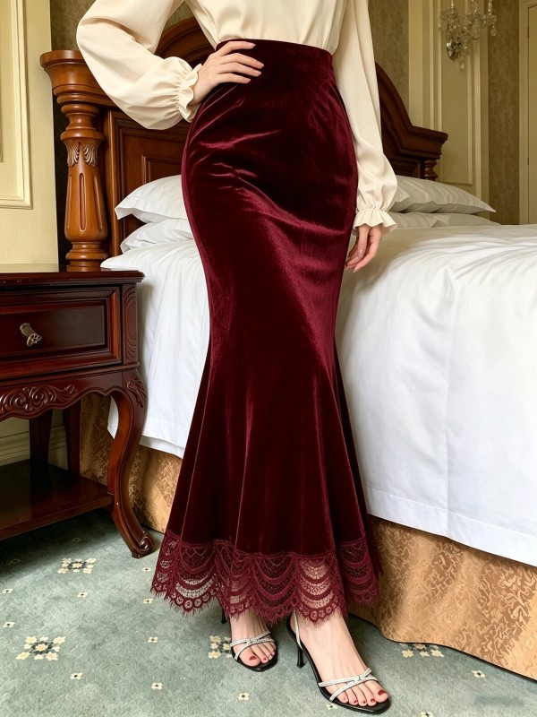Women Burgundy Velvet Lace Patchwork Mermaid Skirt Vintage Elegant Commuter Fall Winter Bodycon Long Skirt