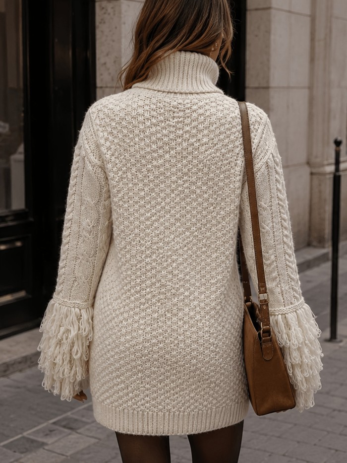 High Neck Cable Knit Sweater Dress | Drop Shoulder Midi Dress
