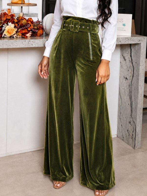 Velvet Wide Leg Pants | High Waist Belted Elegant Party Trousers