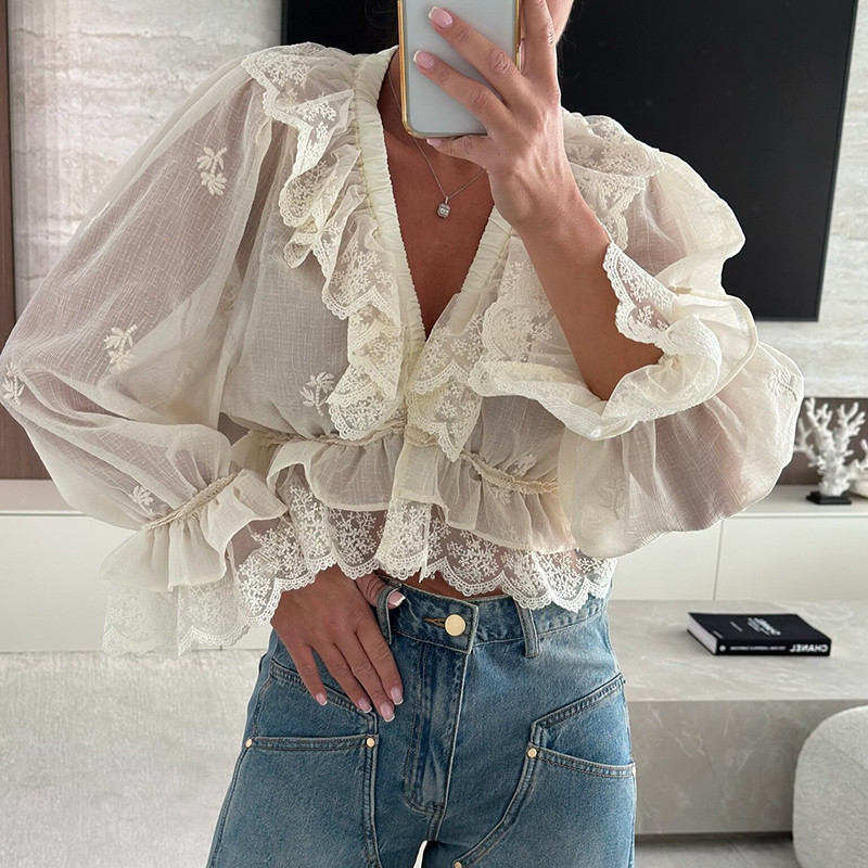 Deep V Neck Floral Embroidery Blouse, High Waist Irregular Commuter Top
