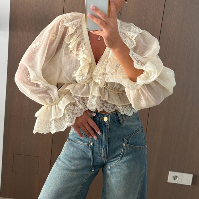 Deep V Neck Floral Embroidery Blouse, High Waist Irregular Commuter Top
