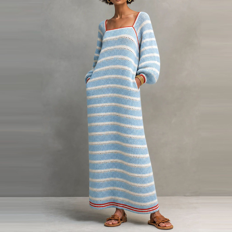 Striped Hollow Out Knit Dress, Square Neck Lantern Sleeve A-Line Fall Dress