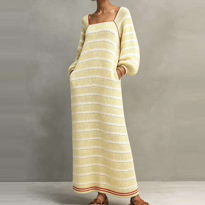 Striped Hollow Out Knit Dress, Square Neck Lantern Sleeve A-Line Fall Dress