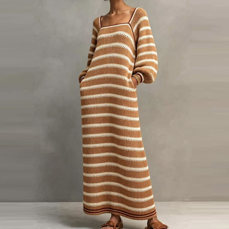 Striped Hollow Out Knit Dress, Square Neck Lantern Sleeve A-Line Fall Dress