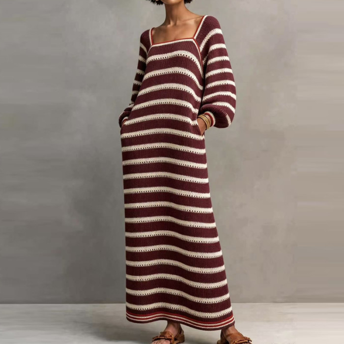 Striped Hollow Out Knit Dress, Square Neck Lantern Sleeve A-Line Fall Dress