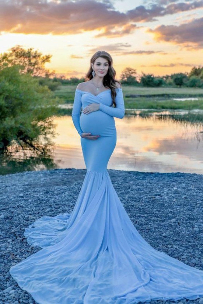 Pink Flower Shoulderless Appliques Maternity Dresses for Photo Shoot Backless Tulle Maxi Dress Sunnderly SY230330
