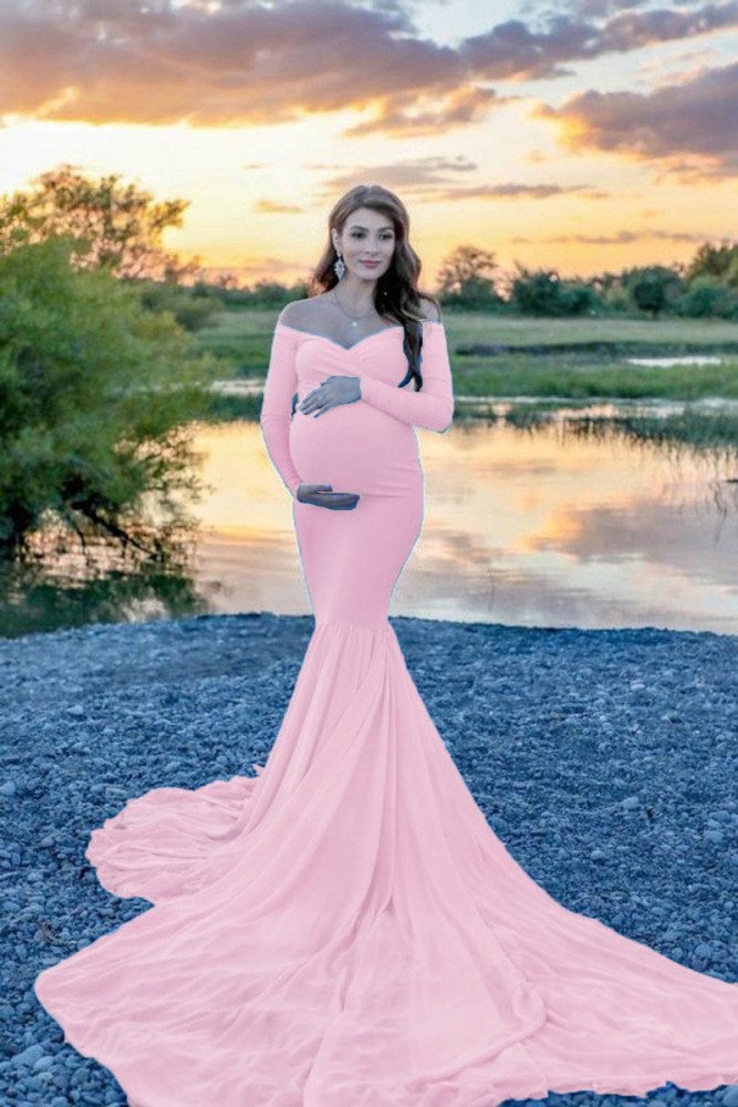 Elegant Shoulderless Stain Long Maternity Dresses for Photo Shoot Maxi Gown Pregnancy Shooting Dress Photo Shoot Props SY21721 main image 0