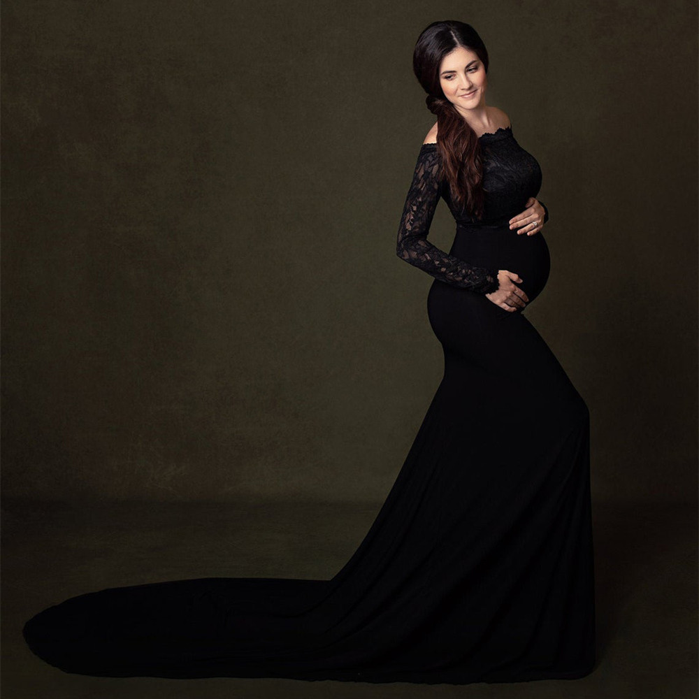 Maternity Sexy V-Neck Lace Trailing Photography Dress