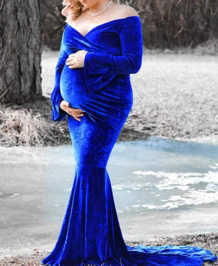 Velvet Maternity Winter Dresses for Photo Shoot Elegant Long Sleeve ...