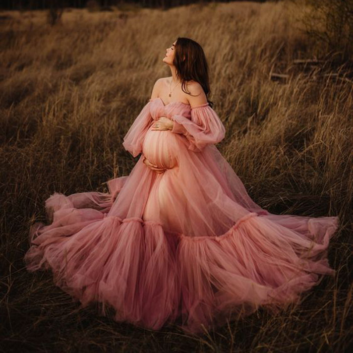 Elegant Mauve Tulle Maternity Dresses for Photo Shoot Illusion Ruffled ...