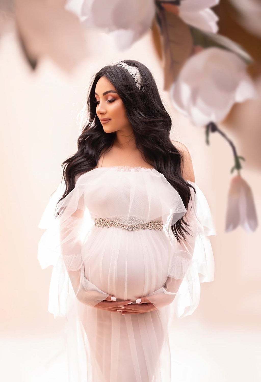 Off The Shoulder Tulle Maternity Dress Photo Shoot Women Long Sleeves — free download