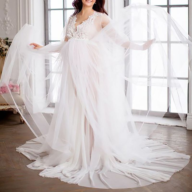 Women Pregnancy Dress Floor Length Deep-V See Through Floral Mesh Gown