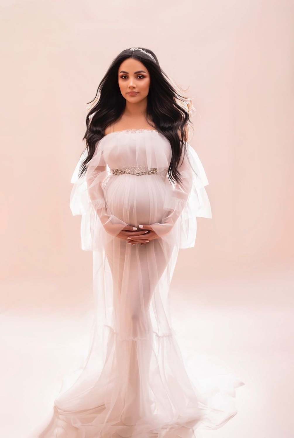 Off The Shoulder Tulle Maternity Dress Photo Shoot Women Long Sleeves — free download